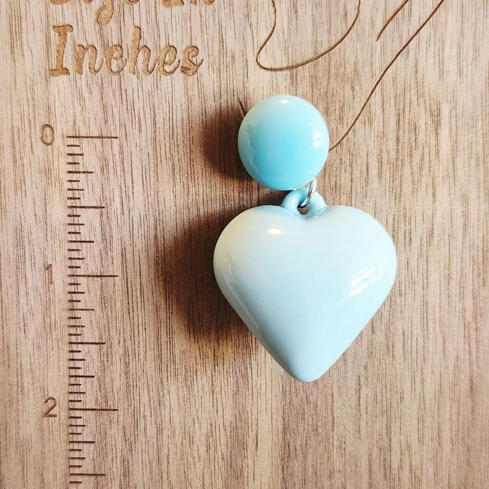 Light Blue‎ Heart Drop Earrings Glossy Puffy Dangle Statement Jewelry Post Back